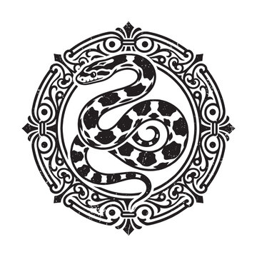 Vintage Serpent Emblem in Ornate Frame with Distressed Retro Heritage Design, Black and White Snake Illustration
