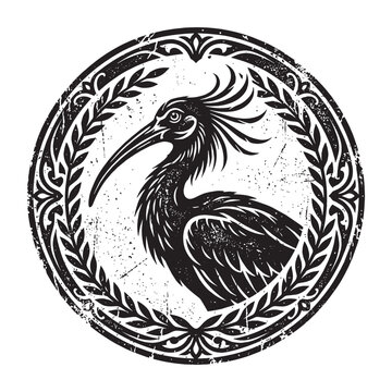 Vintage distressed emblem featuring a majestic heron bird surrounded by a laurel wreath, retro heritage style graphic illustration in black and white.