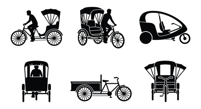 Black silhouette collection of various pedal powered rickshaws and cyclecars
