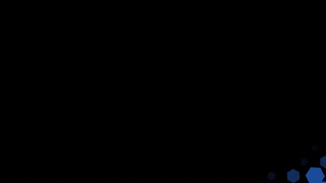 青の六角形が回転しながら現れて消えるハニカムワイプの透過トランジション映像