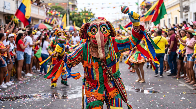 Marimonda dancer shakes maracas during the Barranquilla Carnival street parade