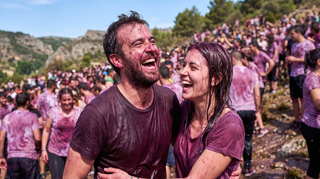 Happy couple laughing soaked in red wine during Batalla del Vino festival