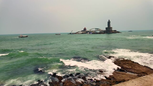 Thiruvalluvar Statue and Vivekananda Rock Memorial Across the Sea at Kanyakumari
