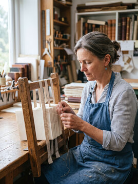 Female artisan sewing book signatures onto a wooden frame in a bindery workshop