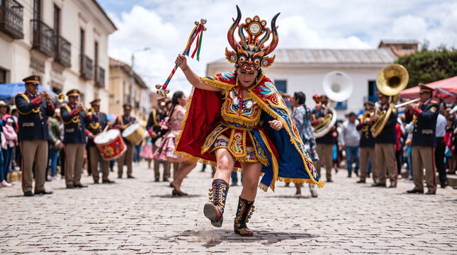 Diablada dancer in ornate devil mask performing at Puno Candelaria festival
