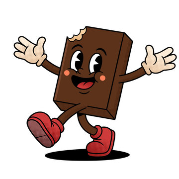 Happy Cartoon Chocolate Bar Mascot With Bite, Gloves and Red Shoes