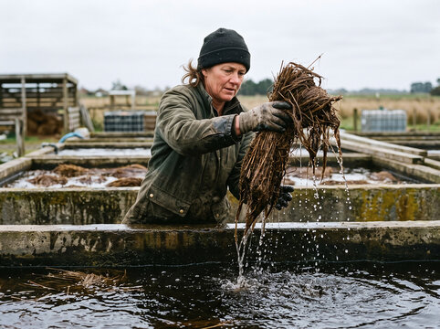 Female worker lifting soaked flax fiber bundles from an outdoor retting tank