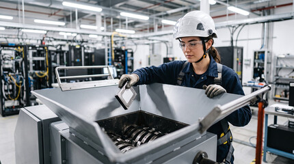 Fototapeta premium Female technician shredding hard drive into industrial hopper at data center
