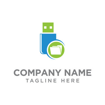 A sleek logo design featuring a USB flash drive and folder icon, created in a flat style. Suitable for technology and digital storage branding.