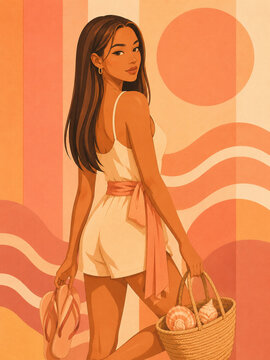 A playful redheaded woman adjusts her sunglasses while carrying a rolled beach mat, illustrated in lively coral and cream tones for carefree summer lifestyle designs.