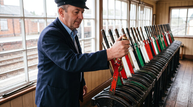 Signalman operating vintage mechanical levers inside a railway signal box
