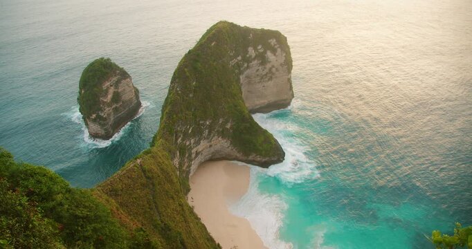 High angle view of Kelingking Beach with turquoise ocean water in Nusa Penida Bali