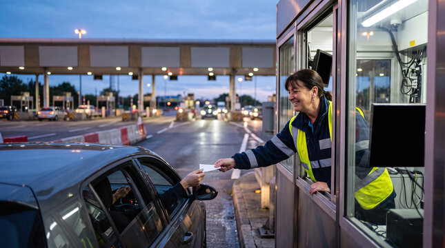 Friendly female toll booth operator handing a ticket to a driver at dusk