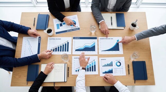 Top view of business team meeting around wooden table analyzing financial growth charts and revenue graphs, representing corporate strategy, data analysis, teamwork, collaboration