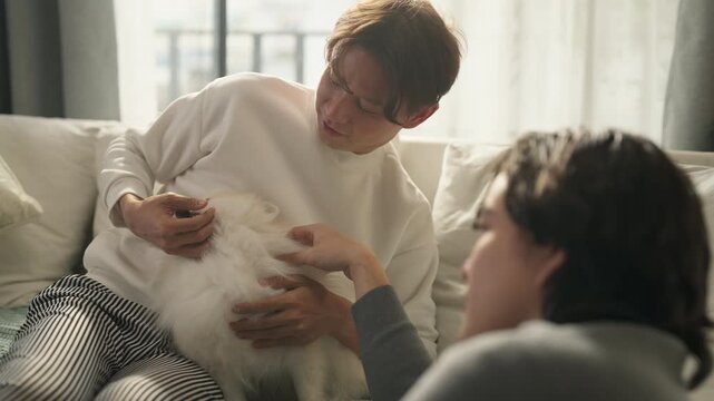 Two smiling friends feeding treat to fluffy Pomeranian puppy on sofa at home, playful moment with dog, pet ownership and companionship concept, cozy living room, natural indoor light.