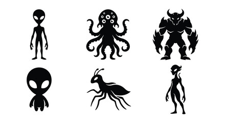 Obraz premium Black silhouettes of various extraterrestrial creatures against a white background
