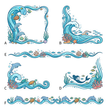 Set of hand drawn ocean wave corner borders and dividers with marine life and mermaid