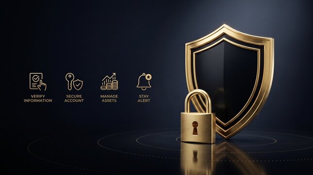 Golden Shield of Security: A prominent golden shield and lock symbolize robust digital security, accompanied by icons representing verification, data backup, risk analysis, and alarm alerts.