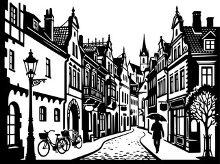 Naklejka premium Black and White Illustration of a Charming Old European Town Street with Traditional Buildings and a Pedestrian Walking Under an Umbrella