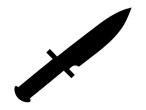 Black silhouette of a military combat knife isolated on white background