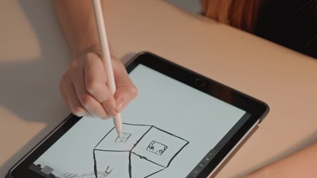 Hand holding stylus draws geometric shapes. Drawing evolves continuously as subject adds lines. Close up view shows interaction between human hands and digital sketching