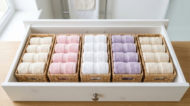 Organized drawer with five wicker baskets containing neatly folded colorful towels in a bathroom setting