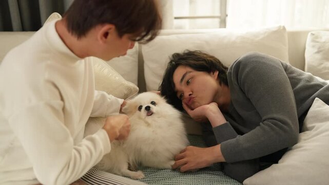 Two smiling friends feeding treat to fluffy Pomeranian puppy on sofa at home, playful moment with dog, pet ownership and companionship concept, cozy living room, natural indoor light.