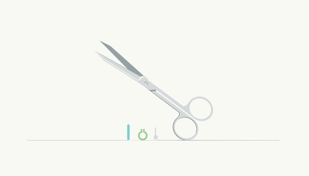 Surgical stainless steel scissors and tiny medical instruments lying on a clean sterile light grey background.
