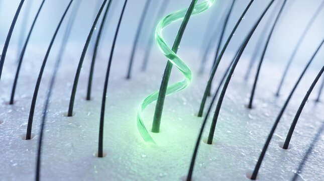 Green helical strand rises among dark hair follicles 3d rendering