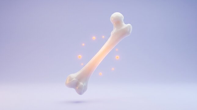 A human femur bone floats amidst glowing orange spheres