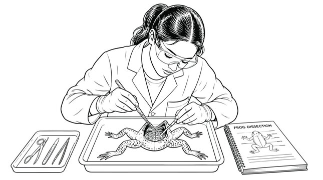 Student performing frog dissection in science class with tools and textbook.