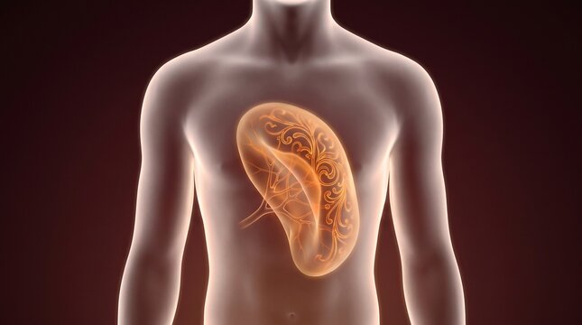 Illuminated human spleen within translucent torso anatomical rendering
