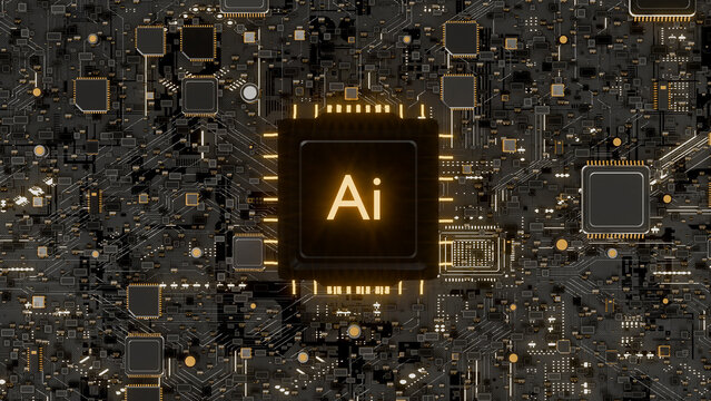 3D Illustration of AI CPU Chip Glowing on Dark Circuit Board with Golden Light Technology Background