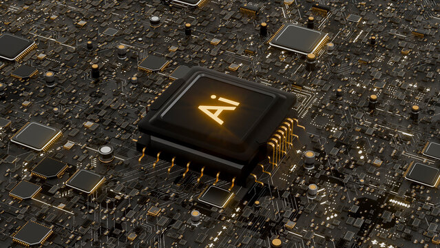 3D Illustration of AI CPU Chip on Dark Circuit Board with Glowing Gold Letters and Electronic Components