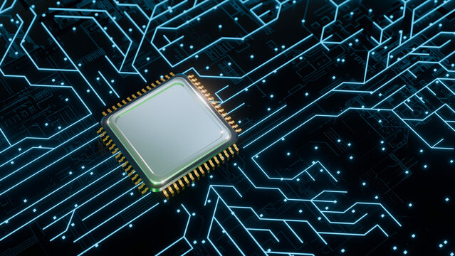 3D Illustration of CPU Processor Chip on Glowing Neon Circuit Board with Blue Light Traces