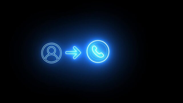 Blue neon glowing icon representing a contact profile connecting to a phone call symbol on dark background