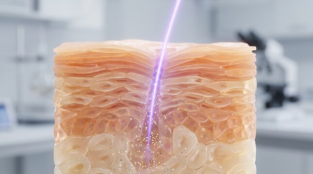 Cross section of human skin illuminated by violet light medical visualization