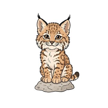 Adorable bobcat kitten sitting on rock with curious expression in natural habitat