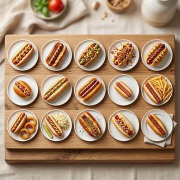 Hot dog collection flat lay white plate wooden board lunch