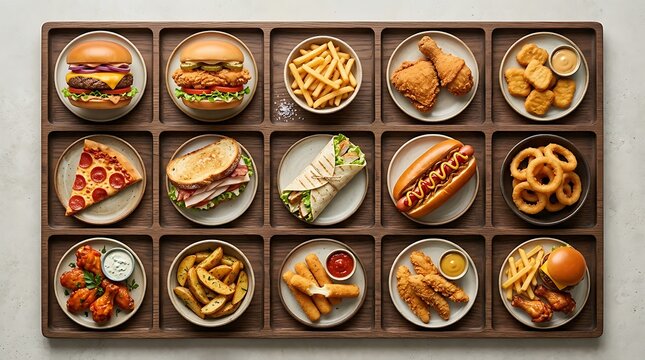 Assorted delicious fast food items arranged neatly in compartmentalized trays