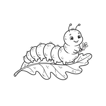 Cute cartoon caterpillar holding a flower on a leaf with happy expression