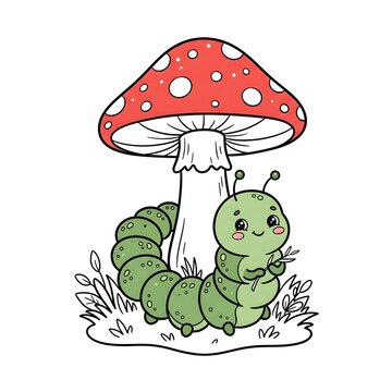 Cartoon caterpillar smiling under red spotted mushroom in whimsical nature scene illustration