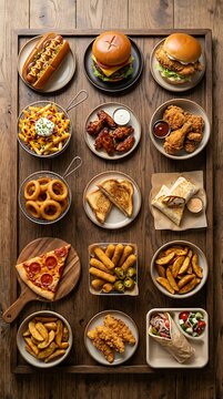 Assorted delicious fast food items displayed on wooden serving tray