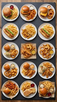 Assorted Fast Food Combinations Featuring Burgers Fries Onion Rings