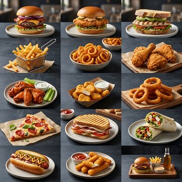 Assorted Delicious Fast Food Items Displayed On Plates And Boards
