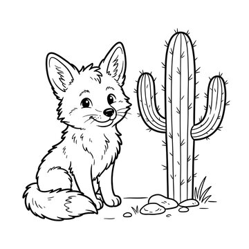 Cute cartoon coyote puppy sitting beside tall desert cactus in playful outdoor scene