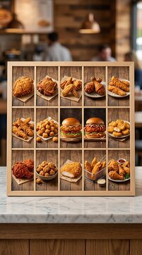 Assorted fried chicken dishes and fast food items displayed attractively