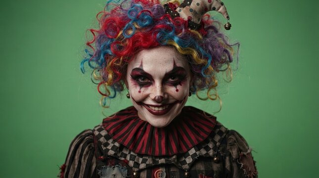 Portrait of a Sinister Scary Female Clown with Colorful Hair and Creepy Makeup on Green Background