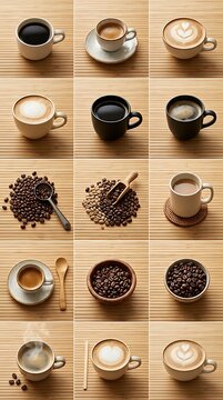 Various coffee preparation styles with beans and tools on bamboo surface
