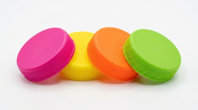 Four colorful plastic bottle caps isolated on white background